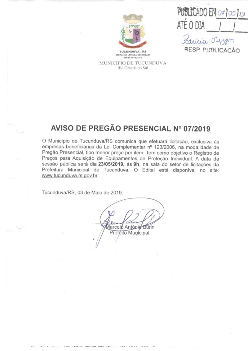 PREGÃO PRESENCIAL Nº 07/2019 - REGISTRO DE PREÇOS PARA AQUISIÇÃO DE EQUIPAMENTOS DE PROTEÇÃO INDIVIDUAIS - EPIS
